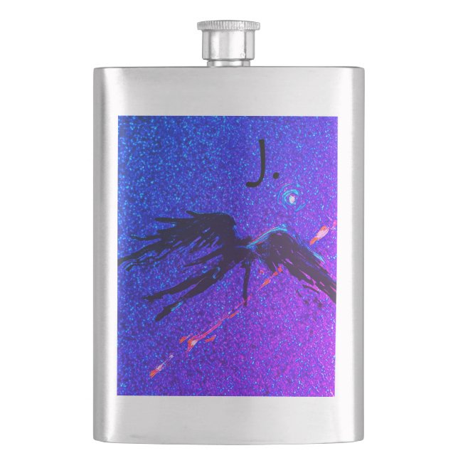 Dark winged figure flying across the space flask (Front)