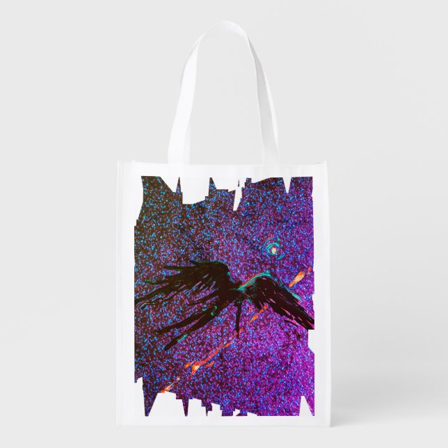 Dark winged figure flying across the space grocery bag (Front)