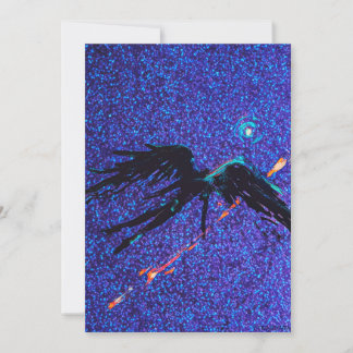 Dark winged figure flying across the space holiday card