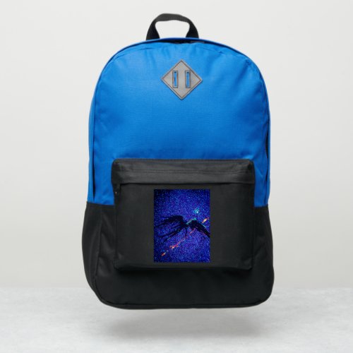 Dark winged figure flying across the space  port authority backpack