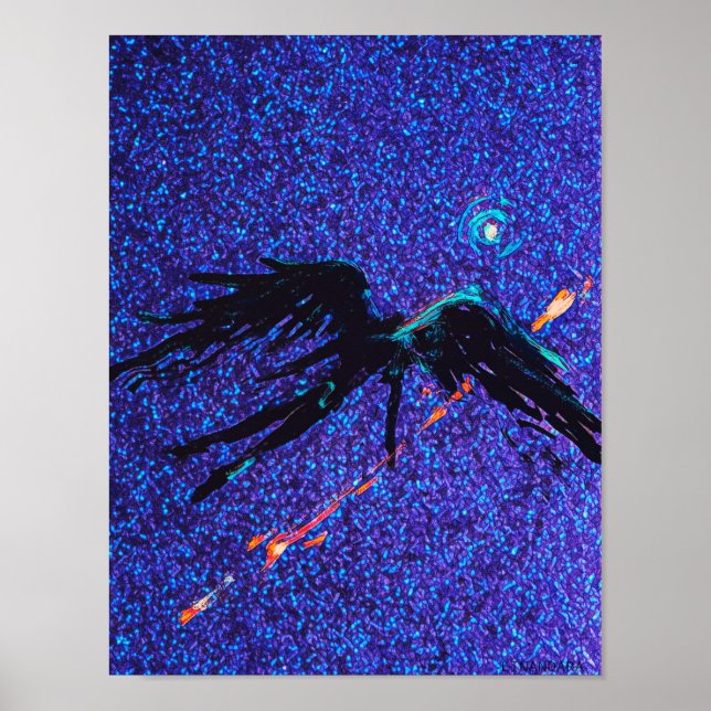 Dark winged figure flying across the space poster (Front)