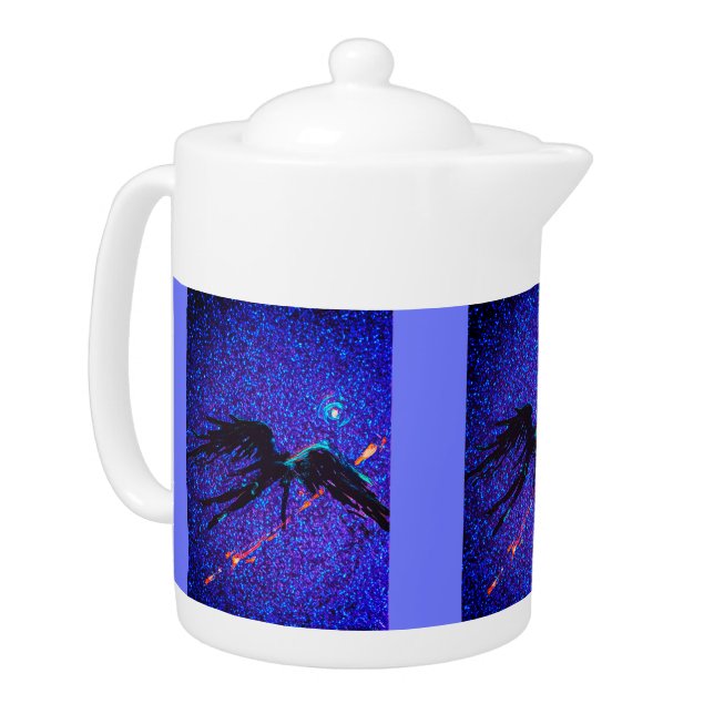 Dark winged figure flying across the space teapot (Left)