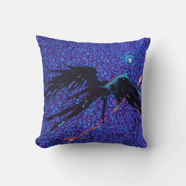 Dark winged figure flying across the space throw pillow (Front)