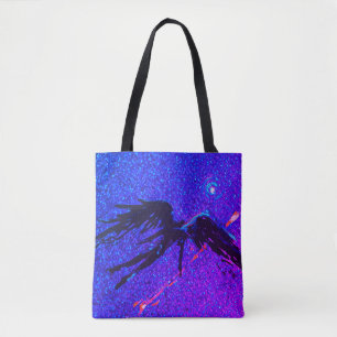 Dark winged figure flying across the space tote bag