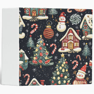 Dark Winter Cottages Red Snowman Candy Christmas 3 Ring Binder