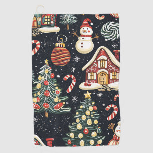 Dark Winter Cottages Red Snowman Candy Christmas Golf Towel
