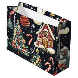 Dark Winter Cottages Red Snowman Candy Christmas Large Gift Bag