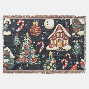Dark Winter Cottages Red Snowman Candy Christmas Throw Blanket