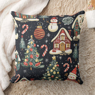 Dark Winter Cottages Red Snowman Candy Christmas Throw Pillow