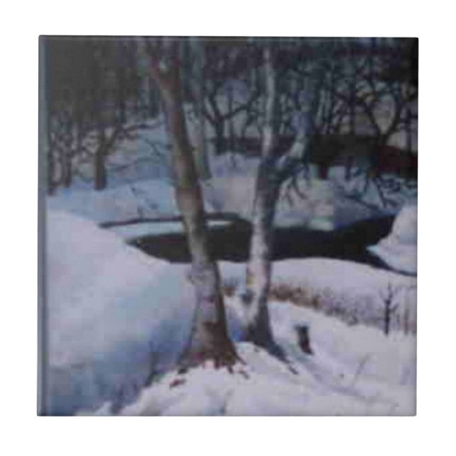 Dark winter day on snow covered Elk River Ceramic Tile (Front)