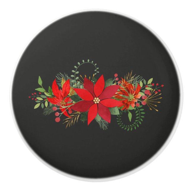 Dark Winter Red White Poinsettia Holiday Floral Ceramic Knob (Front)