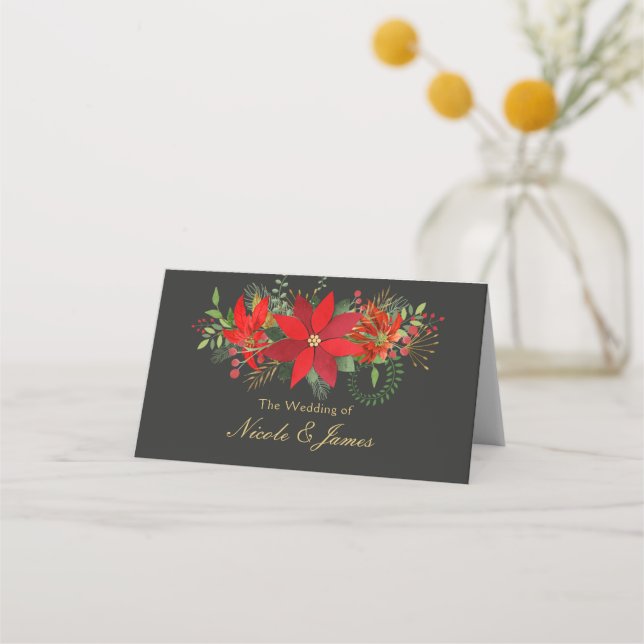 Dark Winter Wedding Poinsettia Holiday Party Table Place Card (Front)