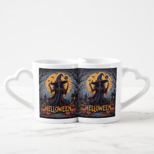 Dark Witch and Pumpkins – Spooky Halloween Art Coffee Mug Set
