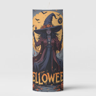 Dark Witch and Pumpkins – Spooky Halloween Art Pillar Candle