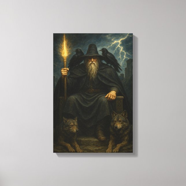 Dark Wizard with Wolves and Ravens on Throne Canvas Print (Front)