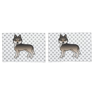 Dark Wolf Grey Siberian Husky Cartoon Dog And Paws Pillow Case