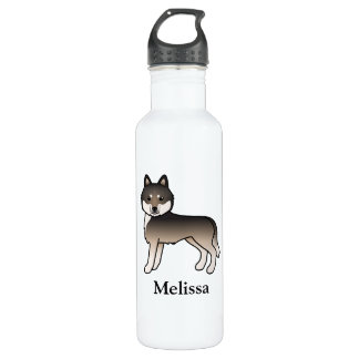 Dark Wolf Grey Siberian Husky Cartoon Dog &amp; Name Stainless Steel Water Bottle