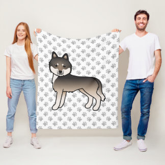 Dark Wolf Grey Siberian Husky Cartoon Dog &amp; Paws Fleece Blanket