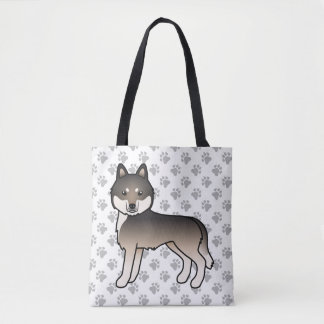 Dark Wolf Grey Siberian Husky Cartoon Dog &amp; Paws Tote Bag