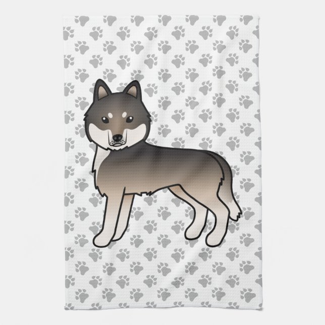 Dark Wolf Grey Siberian Husky Cute Cartoon Dog Kitchen Towel (Vertical)