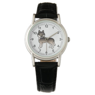 Dark Wolf Grey Siberian Husky Cute Cartoon Dog Watch