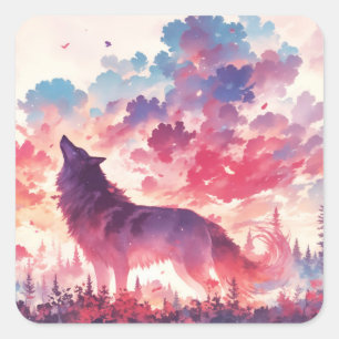 Dark Wolf Silhouette in Pink and Purple Sunset Square Sticker