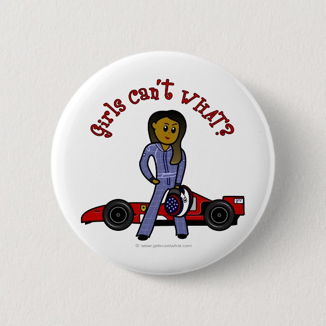 Dark Woman Race Car Driver Pinback Button (Front)