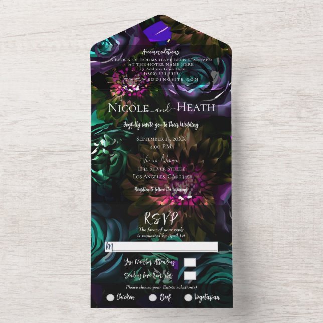 Dark Wonderland Bold Glam Floral Flowers Wedding   All In One Invitation (Inside)