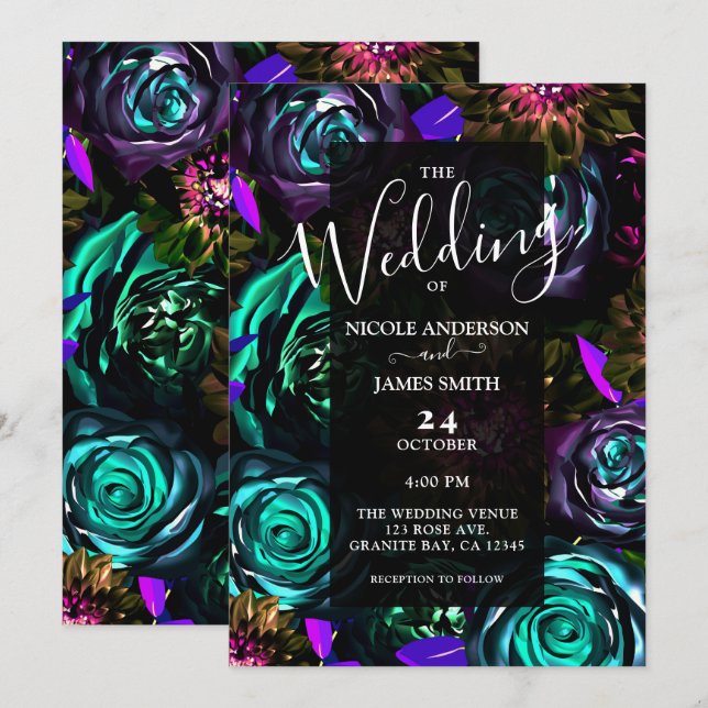 Dark Wonderland Bold Glam Floral Flowers Wedding Invitation (Front/Back)
