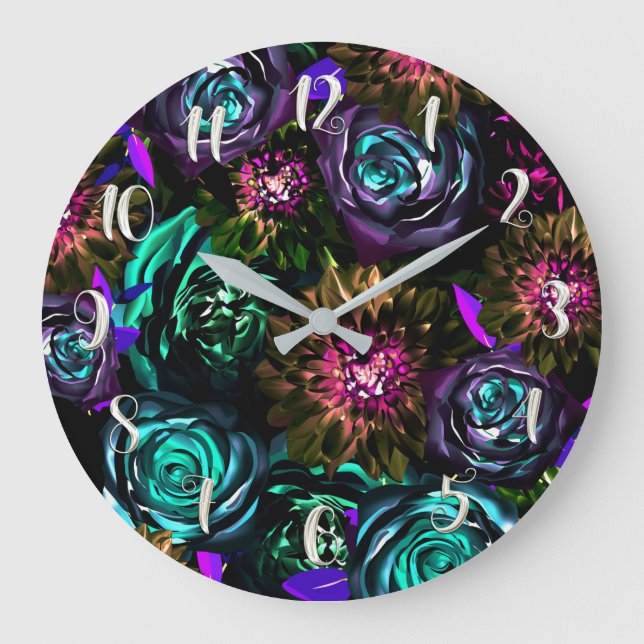 Dark Wonderland Bold Glamor Floral Flowers Large Clock (Front)