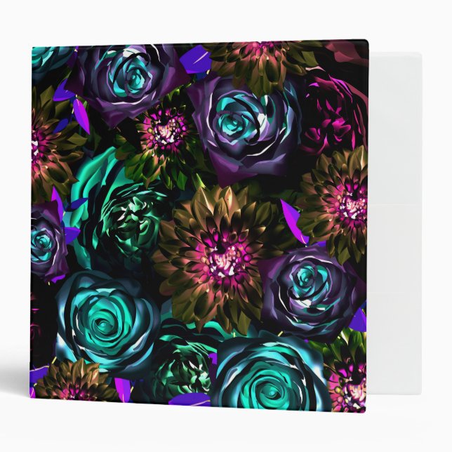 Dark Wonderland Bold Glamour Floral Flowers 3 Ring Binder (Front/Inside)