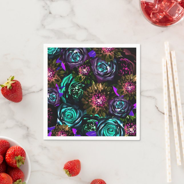 Dark Wonderland Bold Glamour Floral Flowers Party Napkins (Insitu)