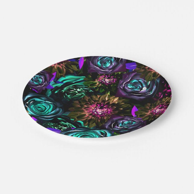 Dark Wonderland Bold Glamour Floral Flowers Party Paper Plates (Angled)