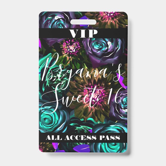 Dark Wonderland Bold Glamour Floral Sweet 16 VIP  Badge (Front)