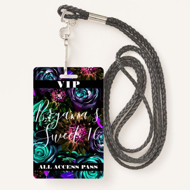 Dark Wonderland Bold Glamour Floral Sweet 16 VIP  Badge (Back with Lanyard)