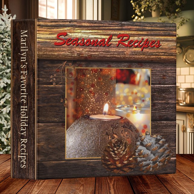 Dark Wood and Candles Holiday Recipe Binder (Recipe binder with a dark wood design with an image of sparkling candles and pine cones)