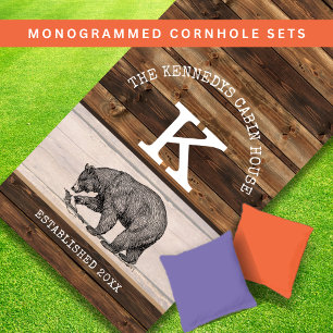 Dark Wood Black Bear Country Cabin Monogrammed Cornhole Set
