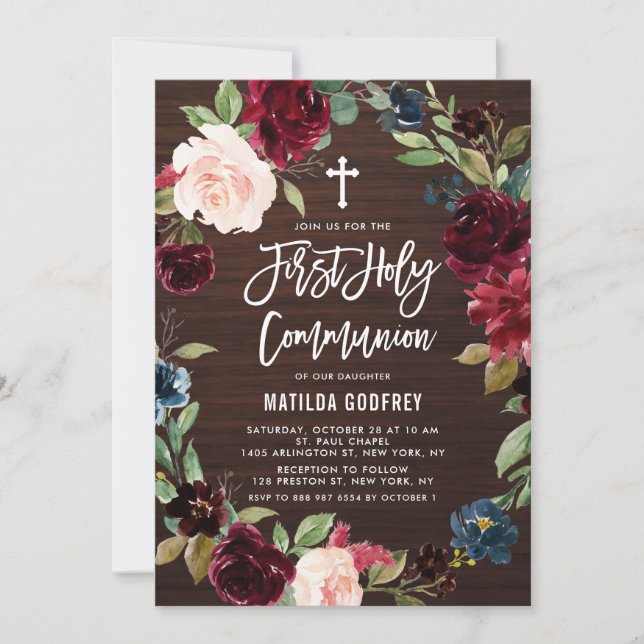 Dark Wood Burgundy Floral Wreath First Communion Invitation (Front)