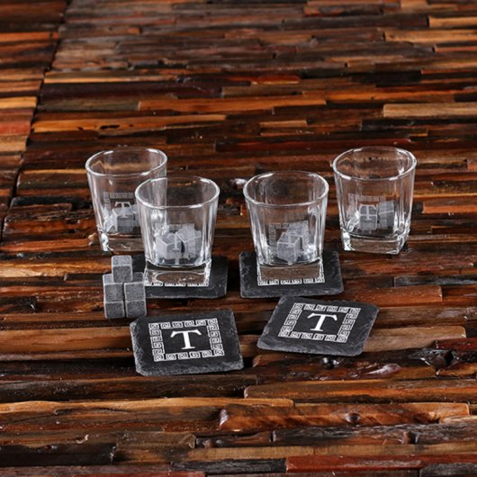 Dark Wood Gift Box, Slate Coasters & Rocks Glasses (Front Top)