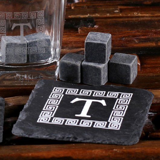 Dark Wood Gift Box, Slate Coasters & Rocks Glasses (Front Top)