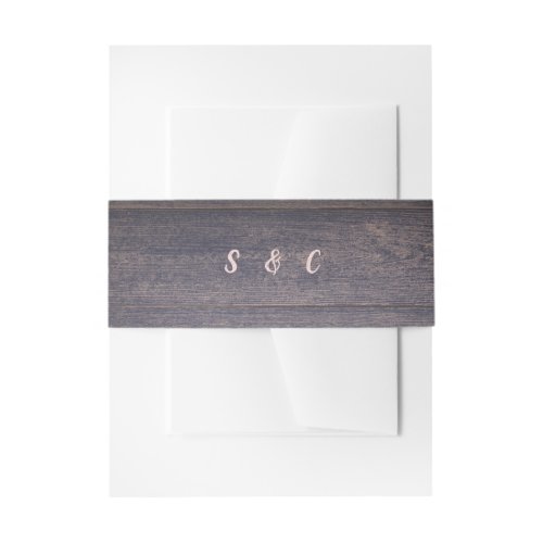 Dark wood grain monogram rustic wedding invitation belly band