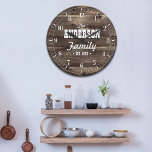 Dark Wood Grain Personalized Family Name Large Clock<br><div class="desc">Fun,  personalized design.  Makes the perfect gift for a housewarming,  wedding,  or any occasion! Faux,  dark wood grain design with your family name and year established personalized front and center.</div>