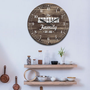 Dark Wood Grain Personalized Family Name Large Clock