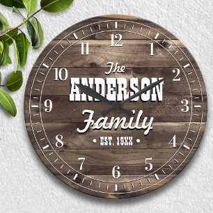 Dark Wood Grain Personalized Family Name Large Clock