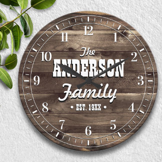 Dark Wood Grain Personalized Family Name Large Clock