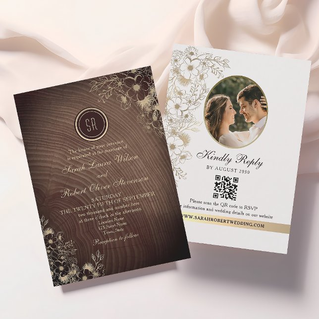Dark Wood Monogram Photo QR Wedding Invitation (Creator Uploaded)