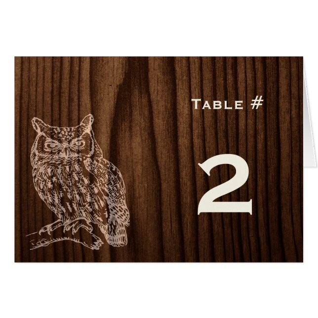 Dark Wood Owl Wedding Reception Table Number (Front Horizontal)