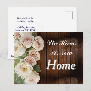 Dark Wood Panels and White Roses Change of Address Postcard