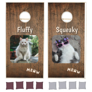 Dark Wood Personalized Cat Photo Board Cornhole Set