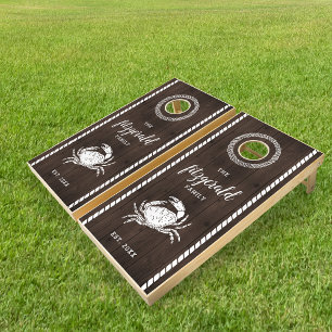 Dark Wood Plank & Crab Family Name Cornhole Set